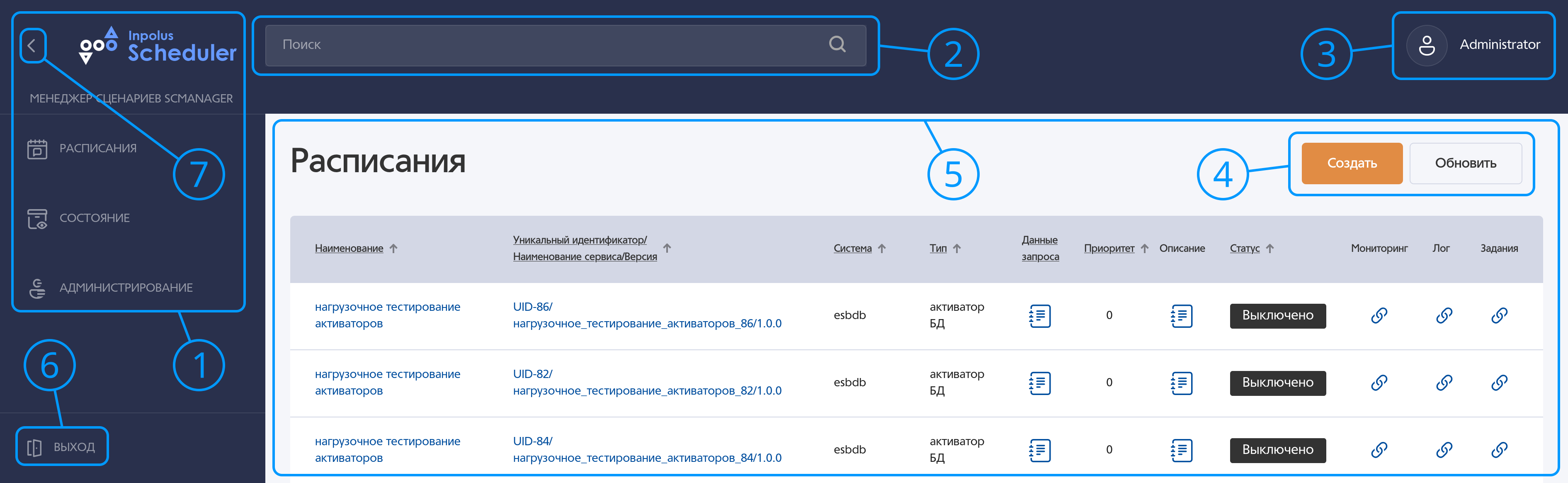 Начальный экран системы. Расписания.